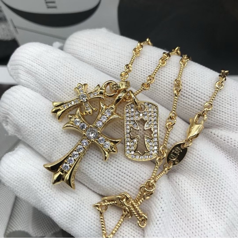 Chrome Hearts Style Gold Cross Pendant Necklace with Crystals
